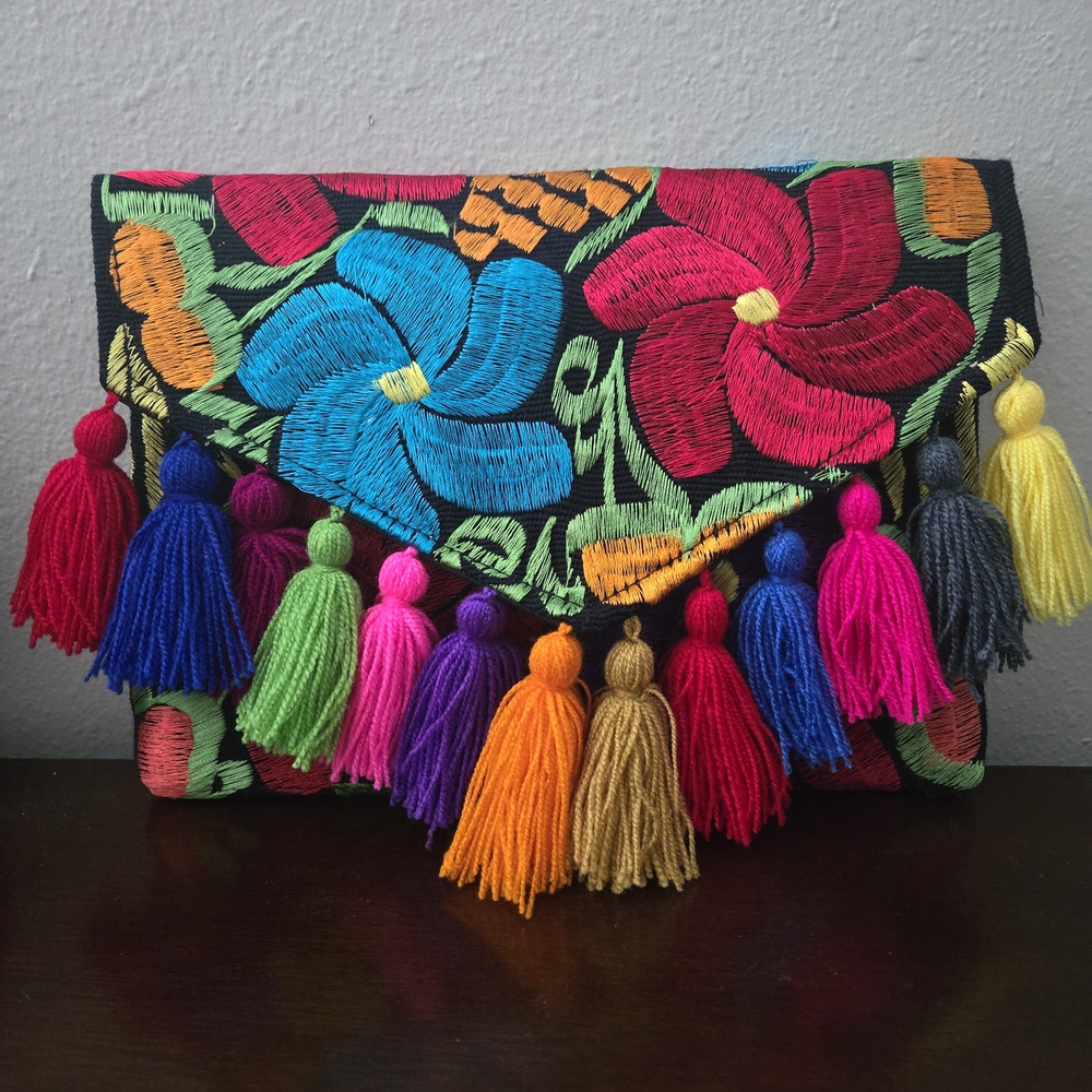 Colorful Embroidered Clutch with Tassels